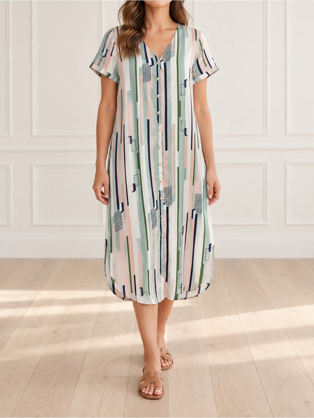 Ivy City Co Small Midi Dress Geometric Stripe Button Front Pastel Green Pink